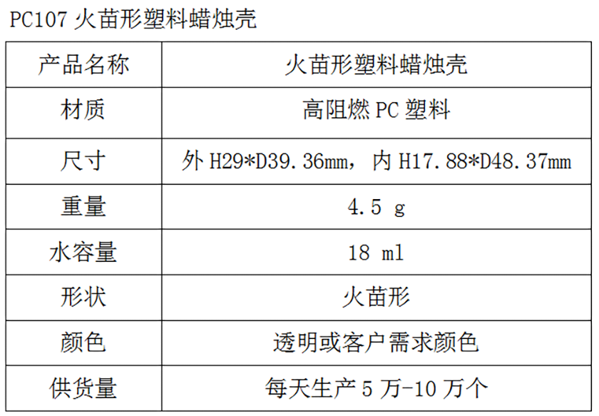 PC107火苗形塑料蜡烛壳参数表