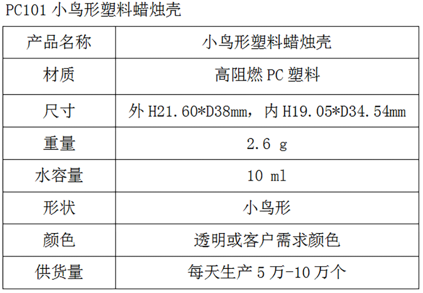 PC101小鸟形塑料蜡烛壳参数表