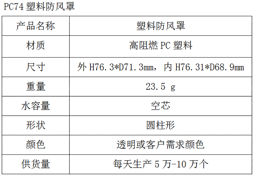 PC74塑料防风罩参数表