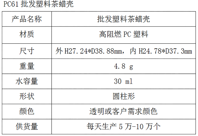 PC61批发塑料茶蜡壳参数表