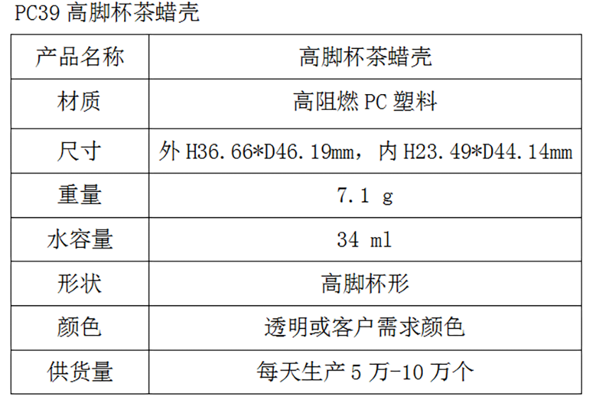 PC39高脚杯茶蜡壳参数表