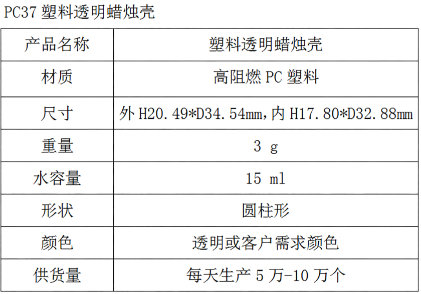 PC37塑料透明蜡烛壳参数表