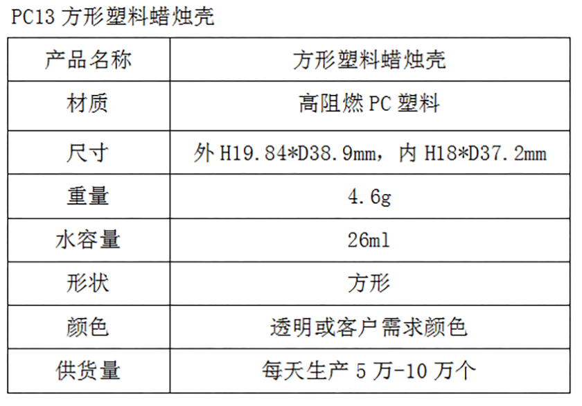 PC13方形塑料蜡烛壳参数表