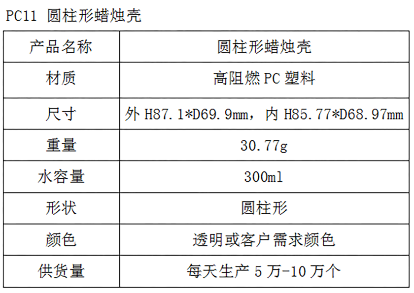 PC11圆柱形蜡烛壳参数表