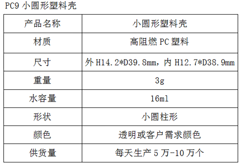 PC9小圆形塑料壳参数表