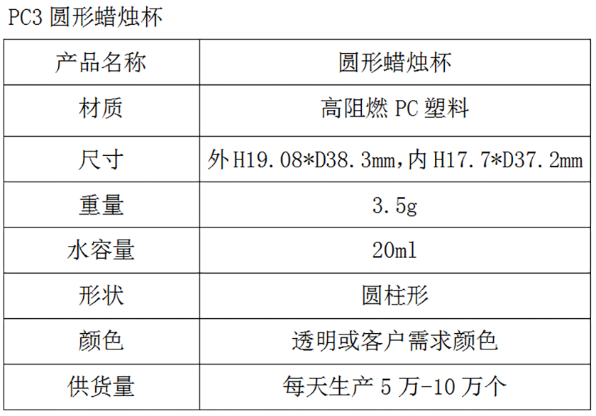 PC3圆形蜡烛杯参数表