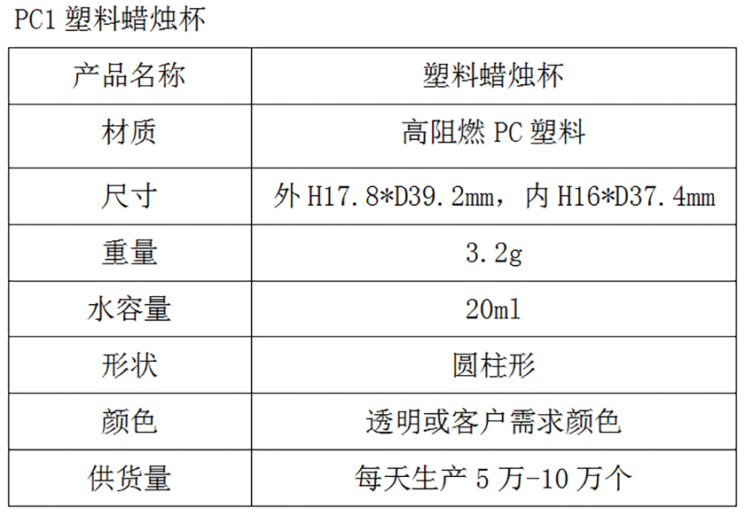 PC1塑料蜡烛杯参数表